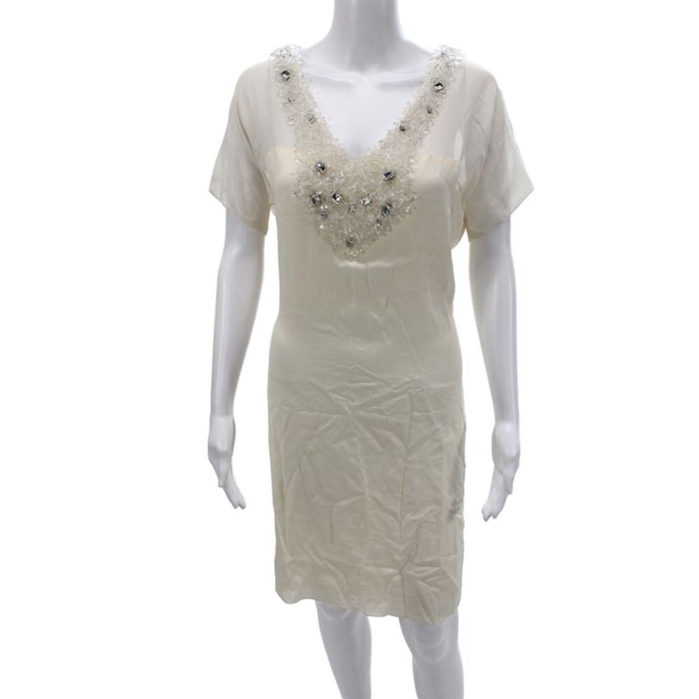 Adam Lippes Womens Shift Dress Ivory Silk V-Neck Short Sleeve Beaded Size 6